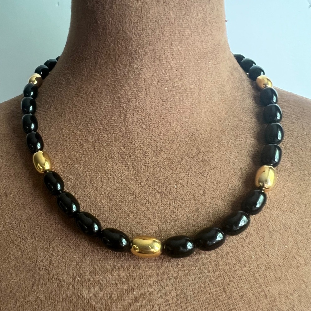 Napier Vintage Black and Gold Bead Chunky Statement Necklace 18 Inch Old Money